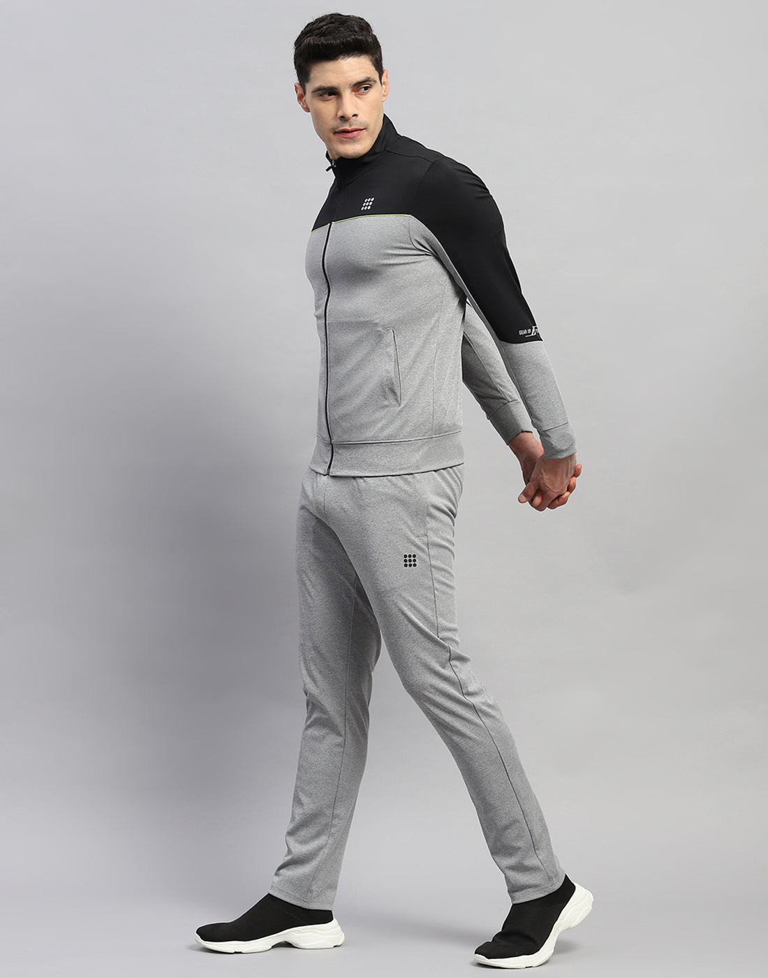 Rock.it Men Grey Melange Solid Round Neck Full Sleeve Tracksuit