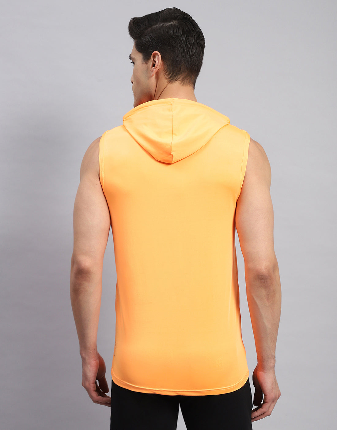Men Orange Solid Hooded Sleeveless T-Shirt