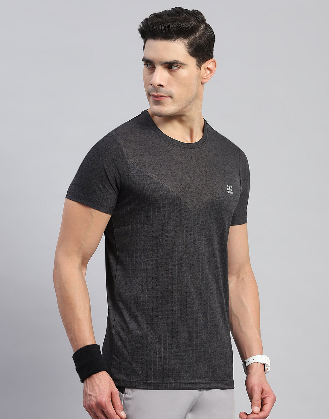 Men Black Self Design Round Neck Half Sleeve T-Shirt