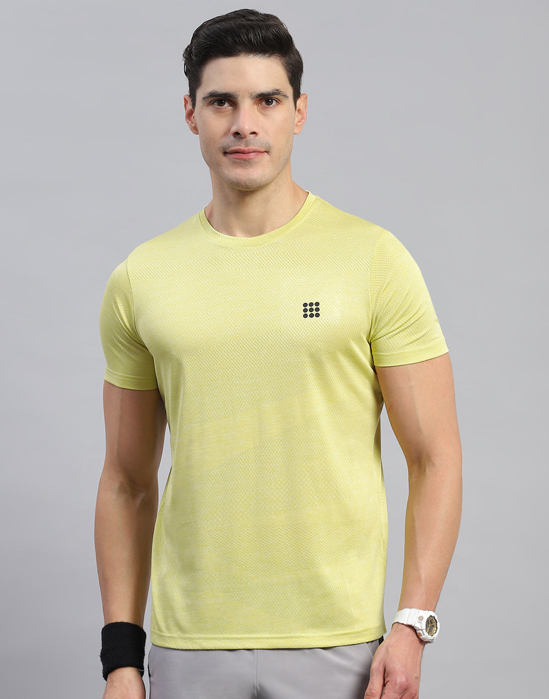 Men Yellow Self Design Round Neck Half Sleeve T-Shirt