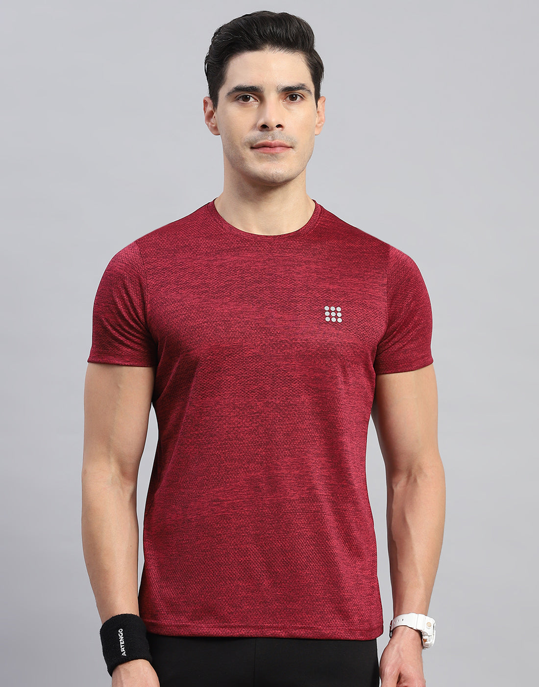Men Maroon Self Design Round Neck Half Sleeve T-Shirt
