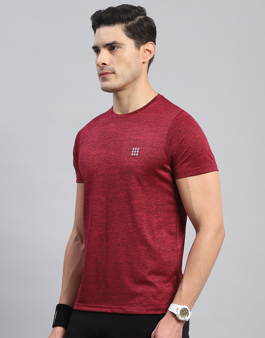 Men Maroon Self Design Round Neck Half Sleeve T-Shirt