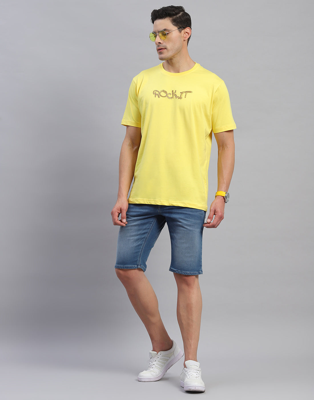 Rock.it Men Yellow Solid Round Neck Half Sleeve T-Shirt