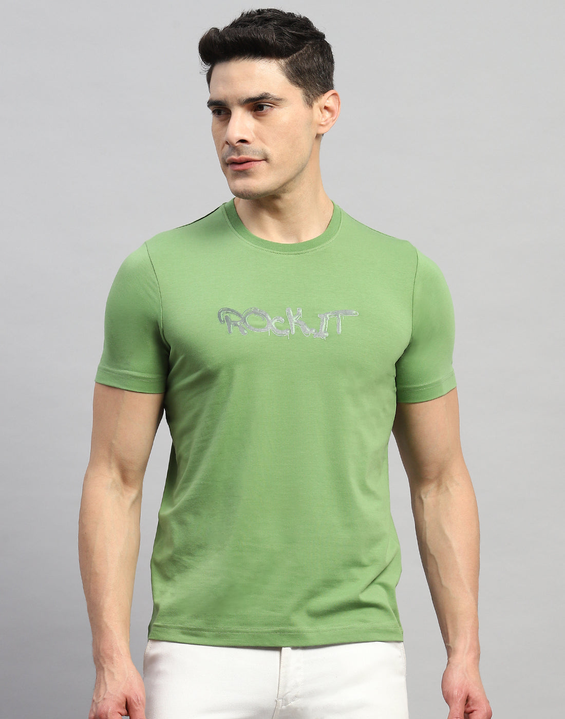 Rock.it Men Green Solid Round Neck Half Sleeve T-Shirt