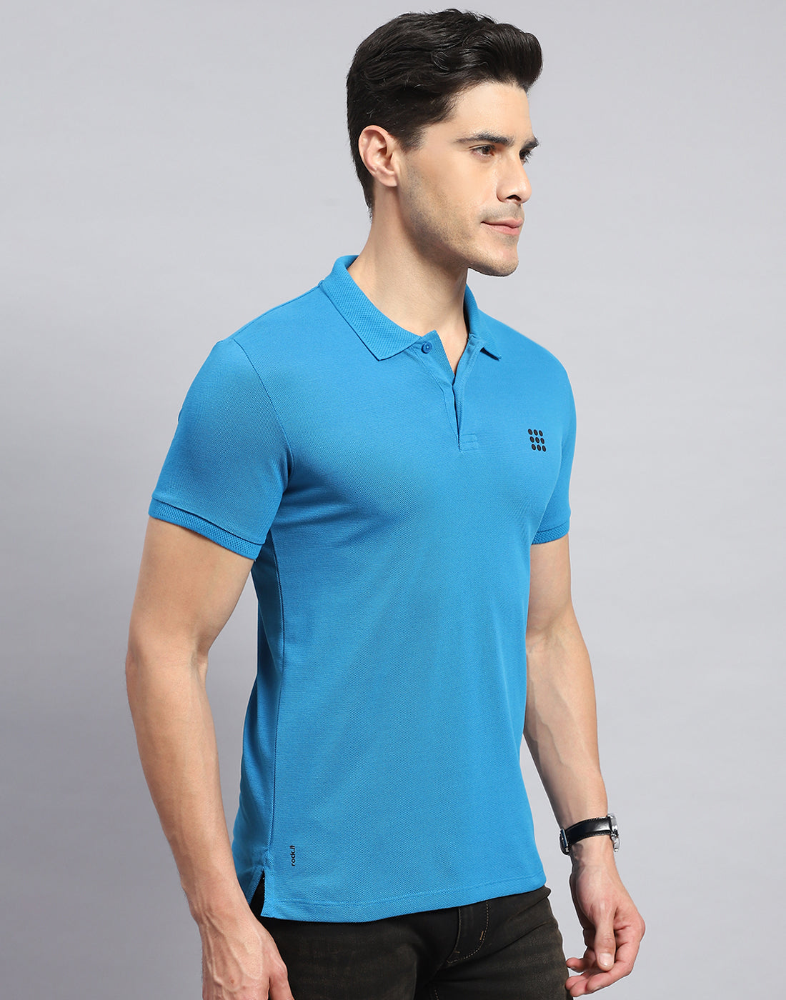 Men Teal Blue Solid Collar Half Sleeve T-Shirt