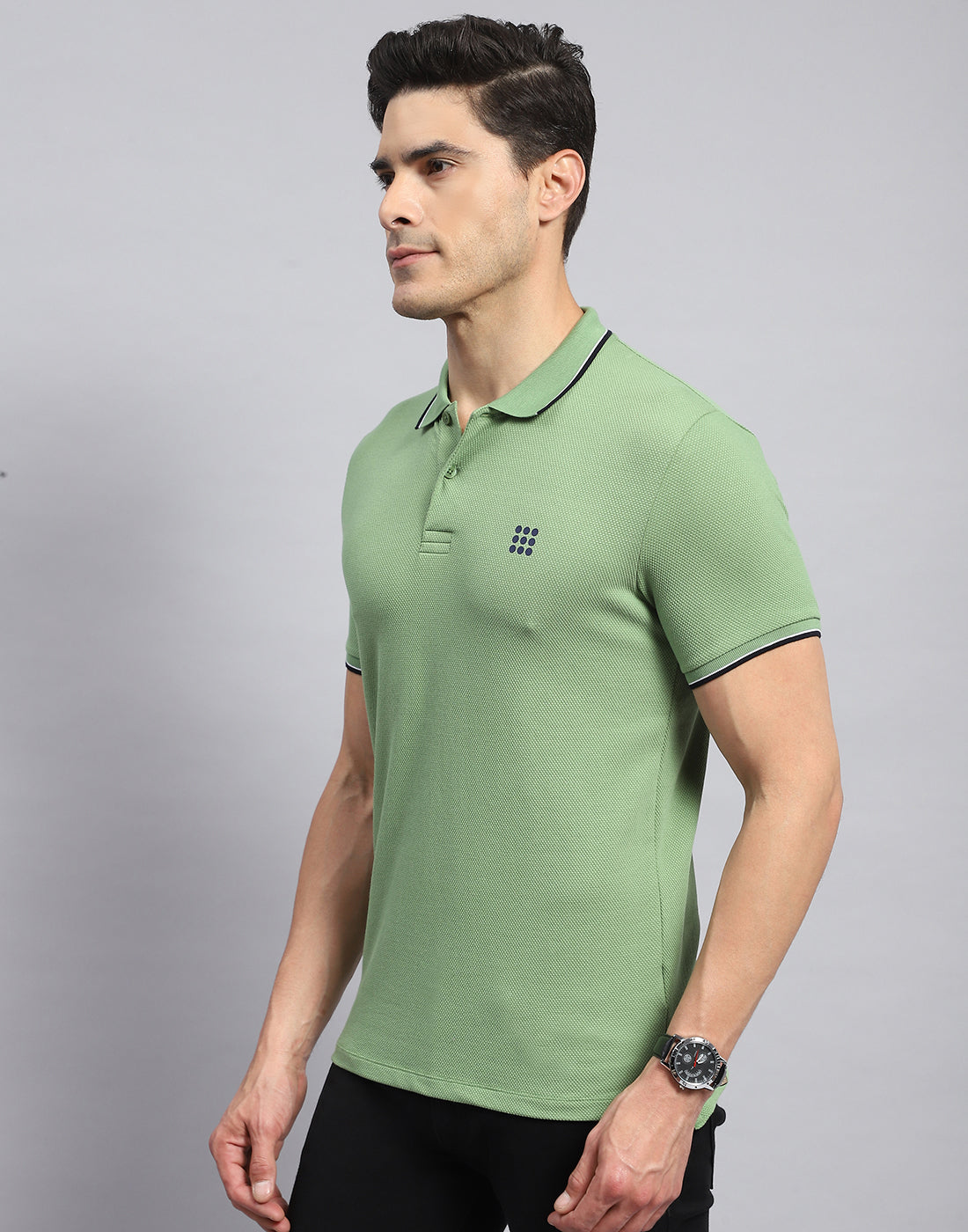Men Green Self Design Collar Half Sleeve T-Shirt