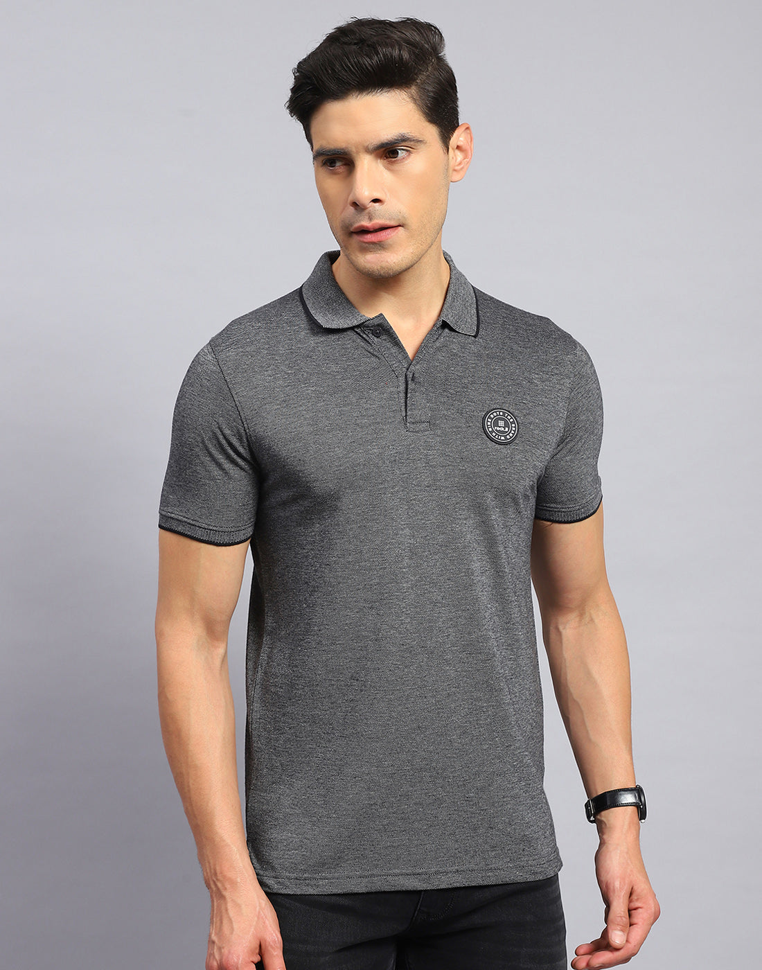 Men Grey Solid Collar Half Sleeve T-Shirt