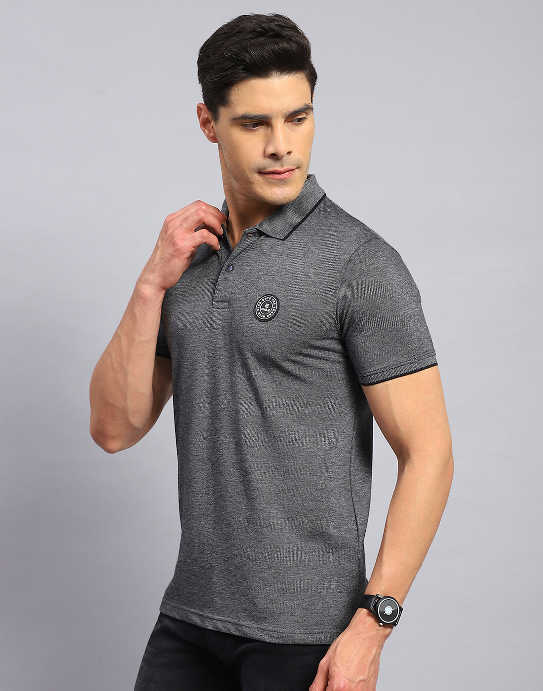 Men Grey Solid Collar Half Sleeve T-Shirt