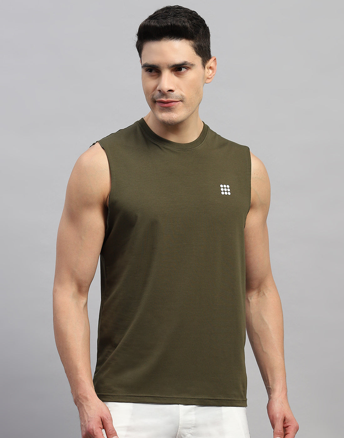 Rock.it Men Olive Solid Round Neck Sleeveless T-Shirt