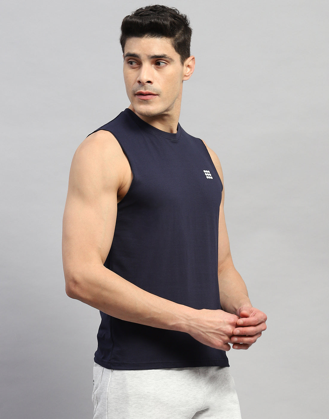 Rock.it Men Navy Blue Solid Round Neck Sleeveless T-Shirt