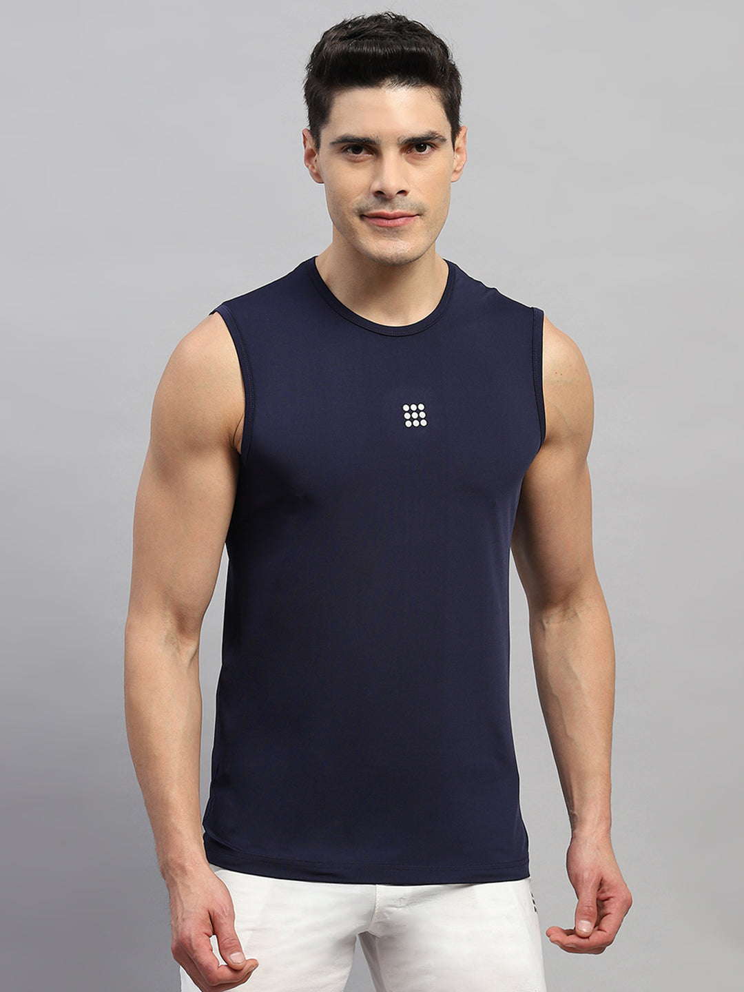 Rock.it Men Navy Blue Solid Round Neck Sleeveless T-Shirt