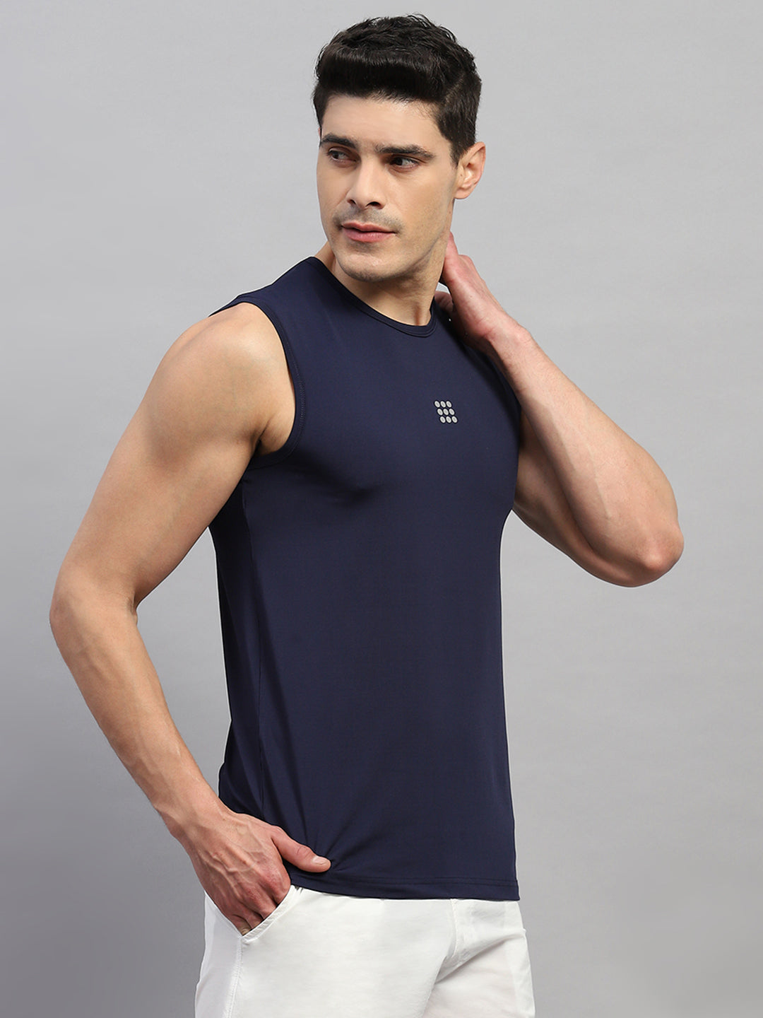 Rock.it Men Navy Blue Solid Round Neck Sleeveless T-Shirt