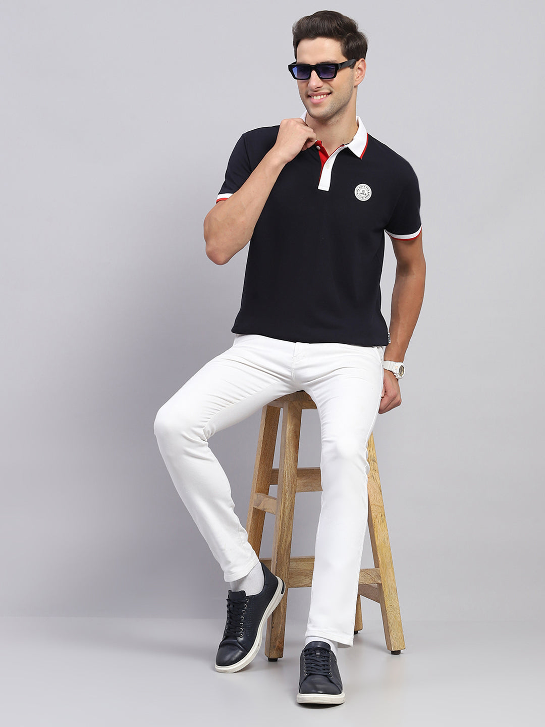 Rock.it Men Navy Blue Solid Collar Half Sleeve T-Shirt