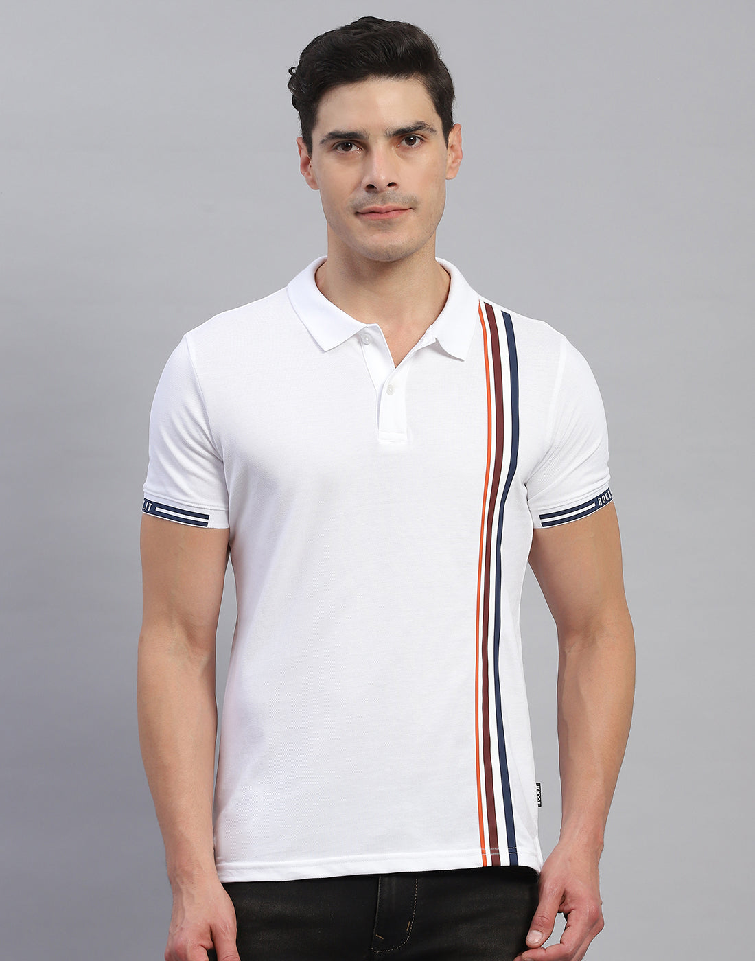 Rock.it Men White Stripe Collar Half Sleeve T-Shirt