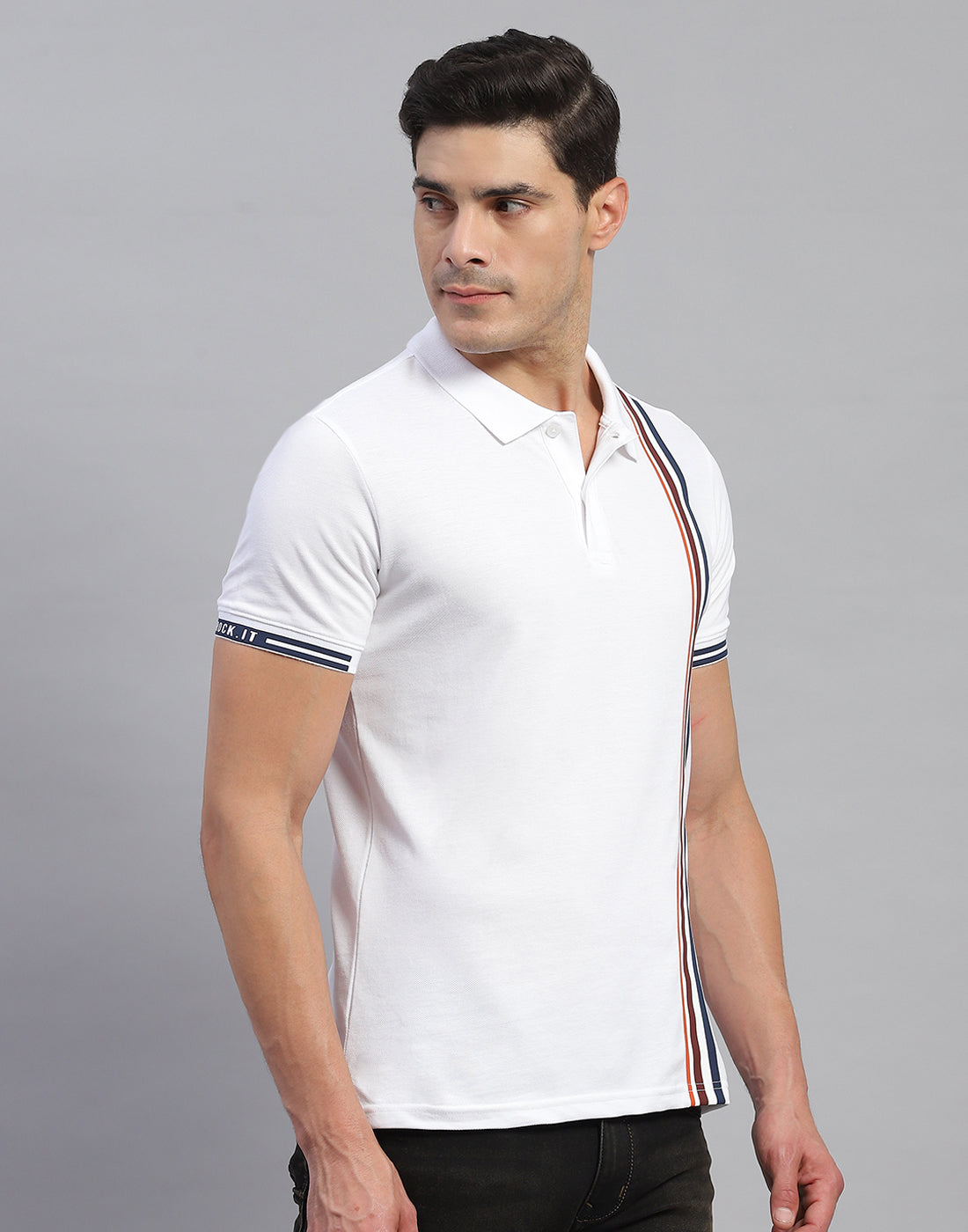Rock.it Men White Stripe Collar Half Sleeve T-Shirt
