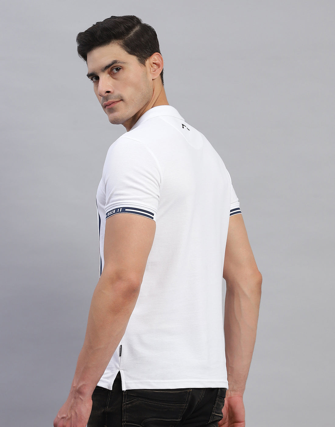 Men White Stripe Collar Half Sleeve T-Shirt