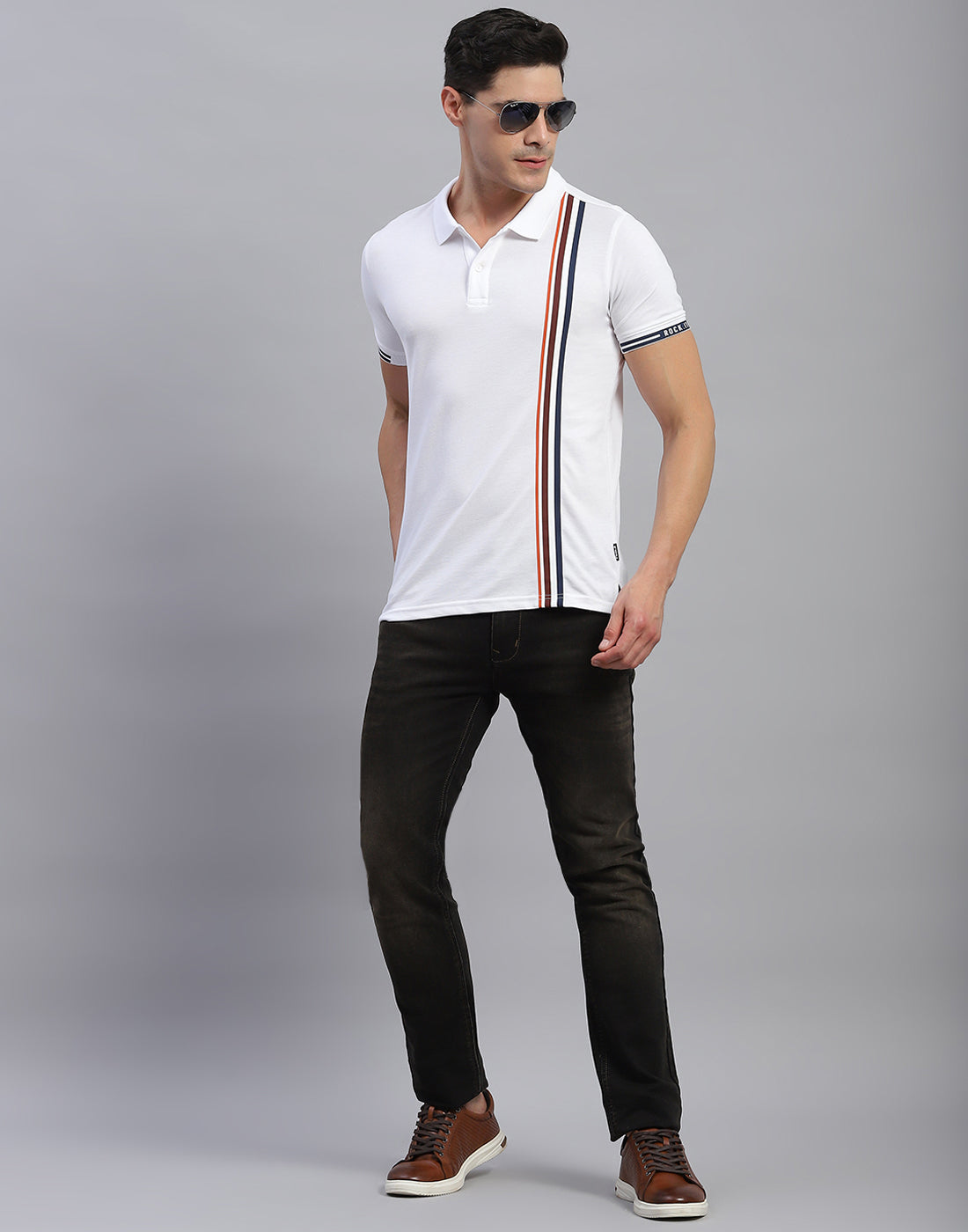 Men White Stripe Collar Half Sleeve T-Shirt