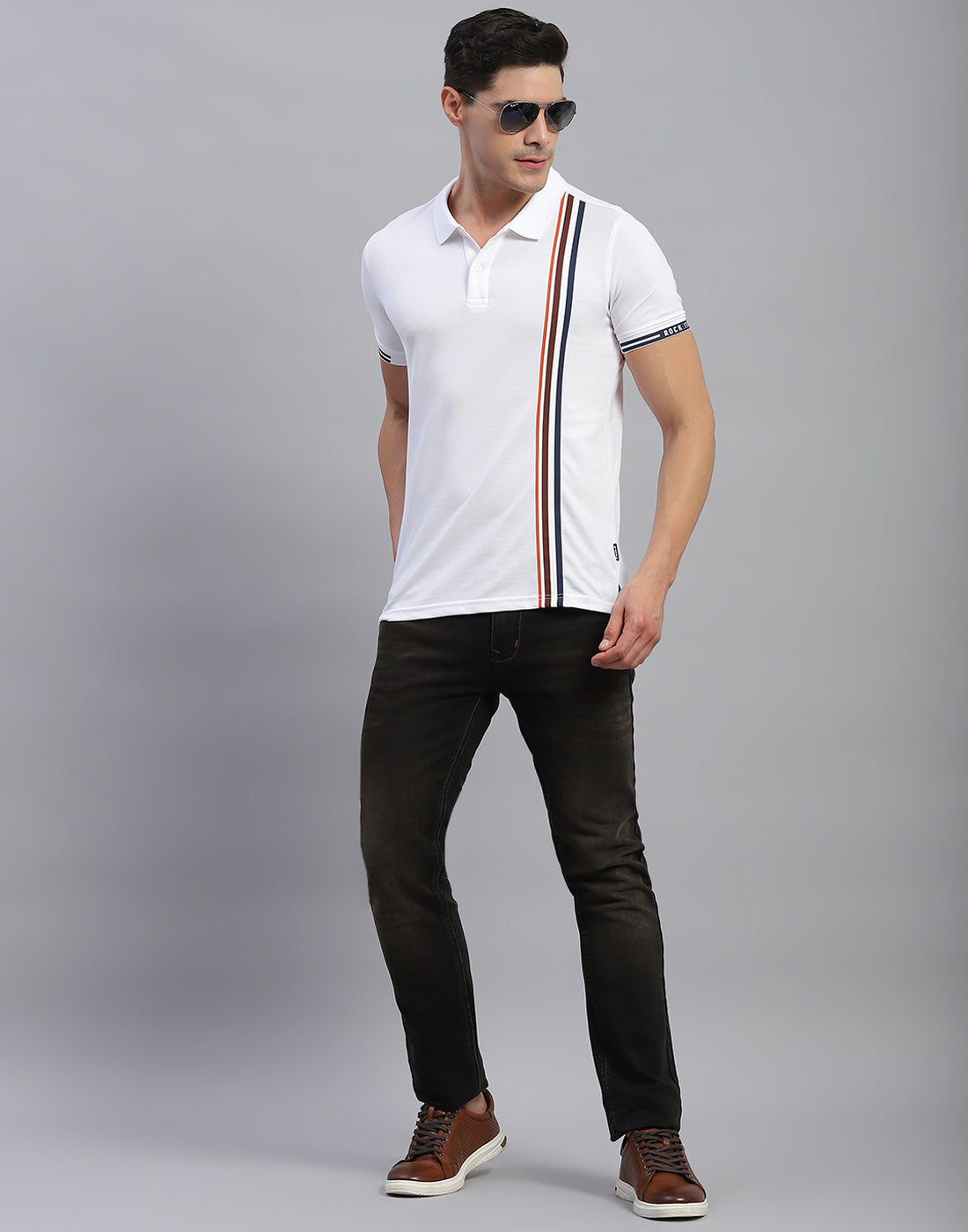Rock.it Men White Stripe Collar Half Sleeve T-Shirt