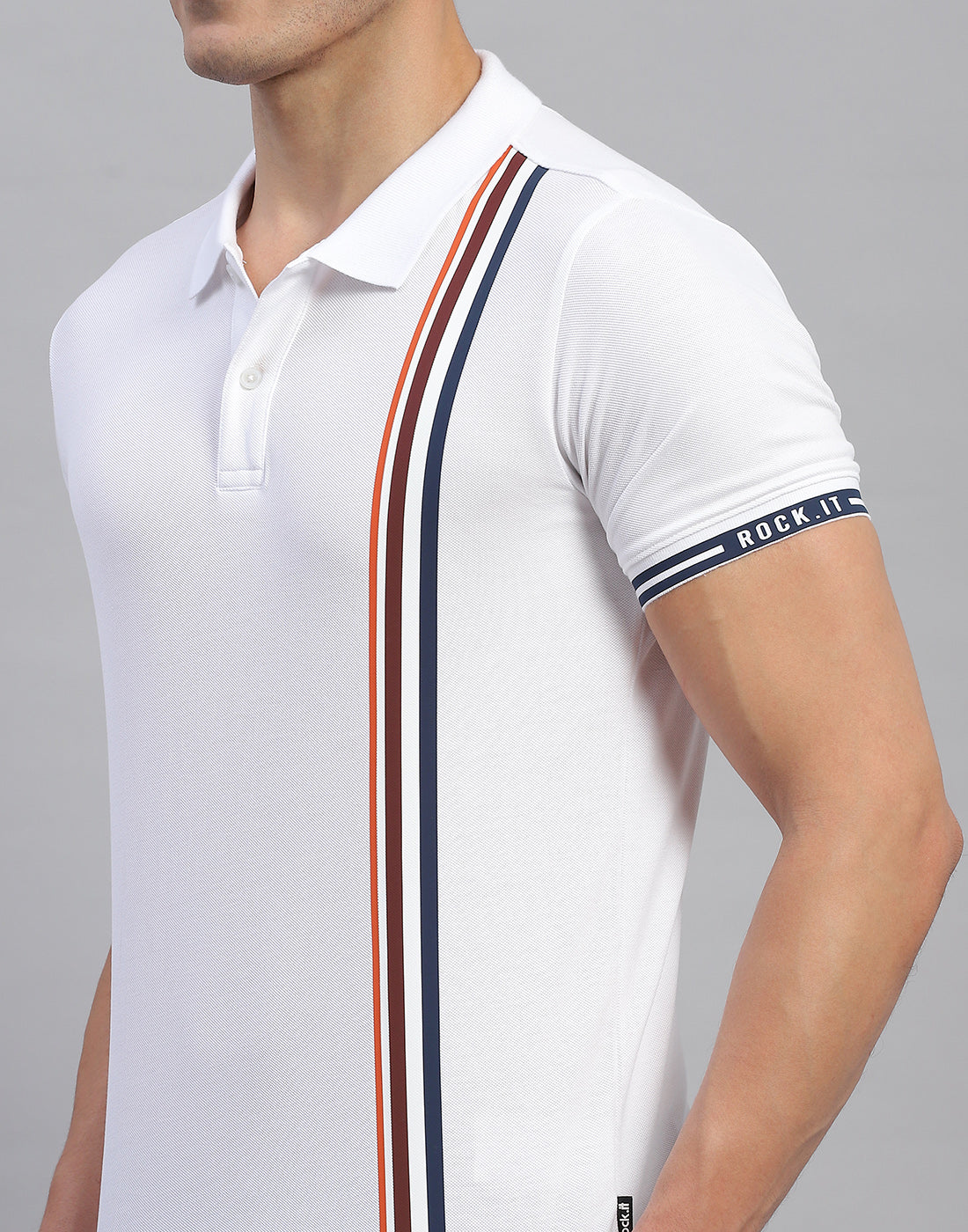 Rock.it Men White Stripe Collar Half Sleeve T-Shirt