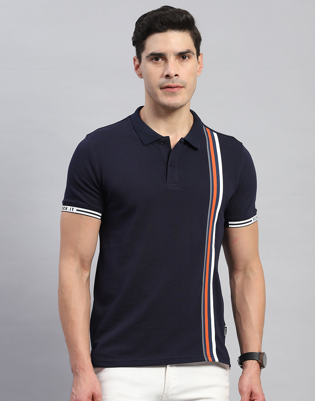 Rock.it Men Navy Blue Stripe Collar Half Sleeve T-Shirt