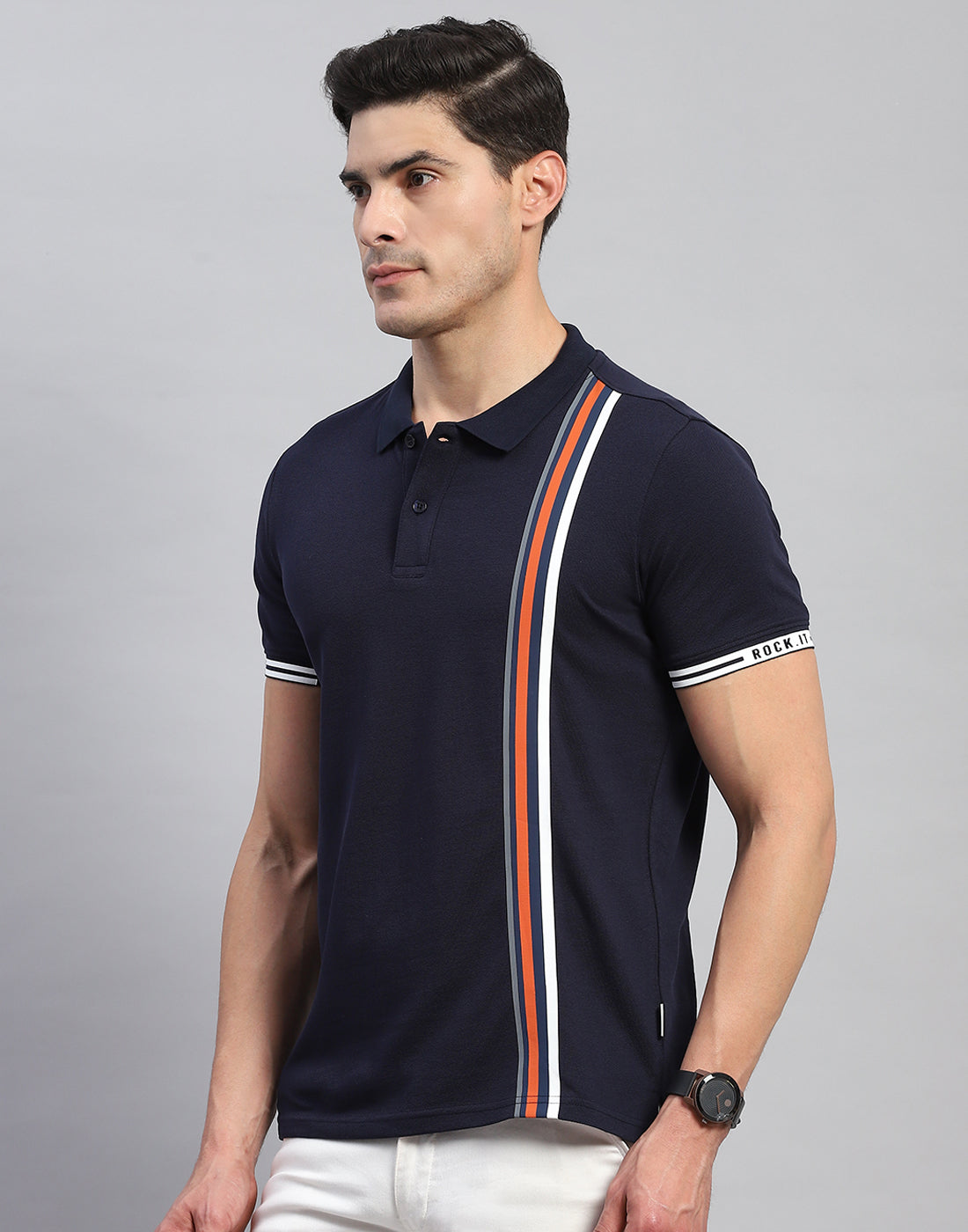 Men Navy Blue Stripe Collar Half Sleeve T-Shirt