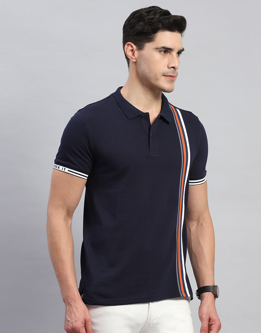 Men Navy Blue Stripe Collar Half Sleeve T-Shirt