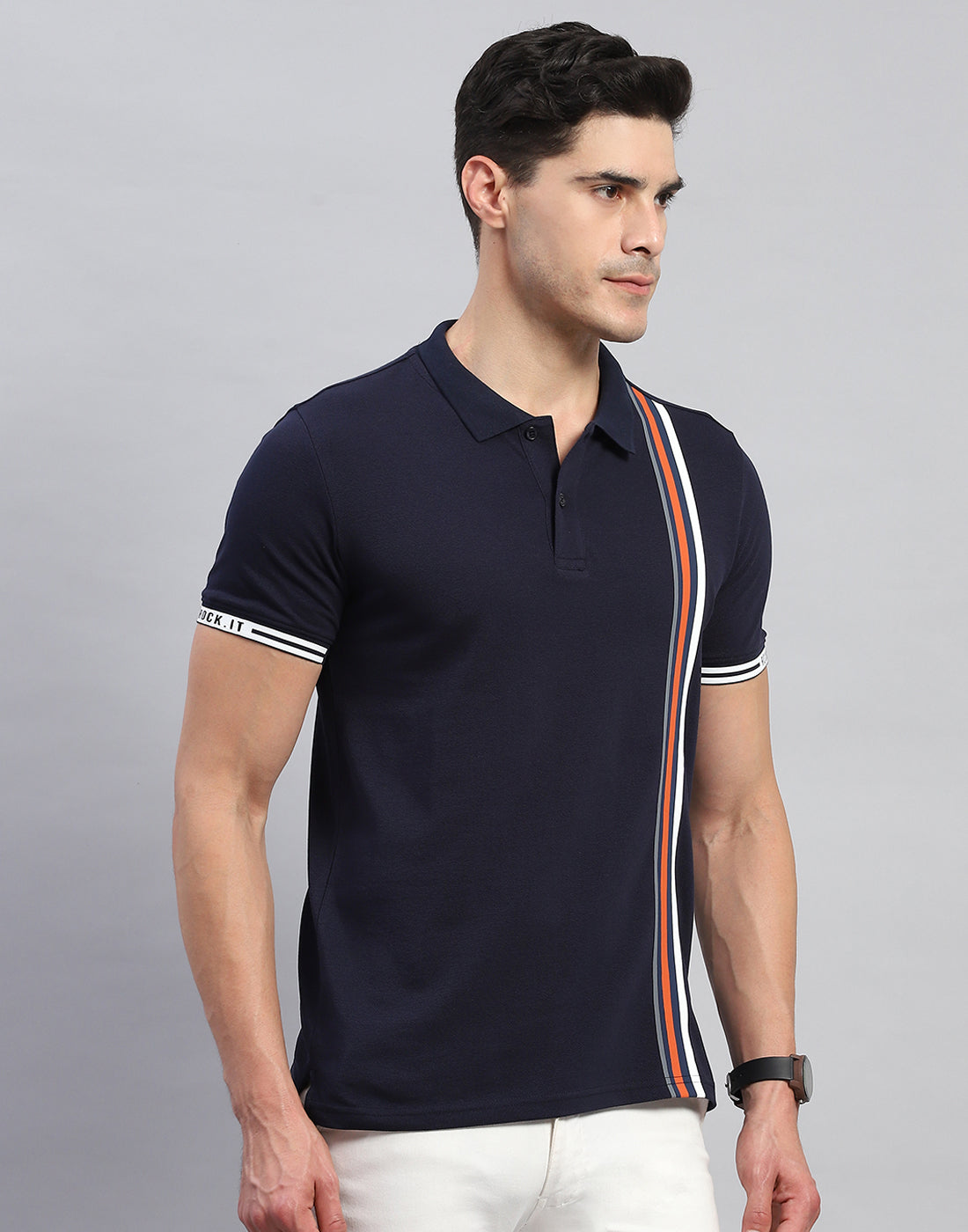 Rock.it Men Navy Blue Stripe Collar Half Sleeve T-Shirt