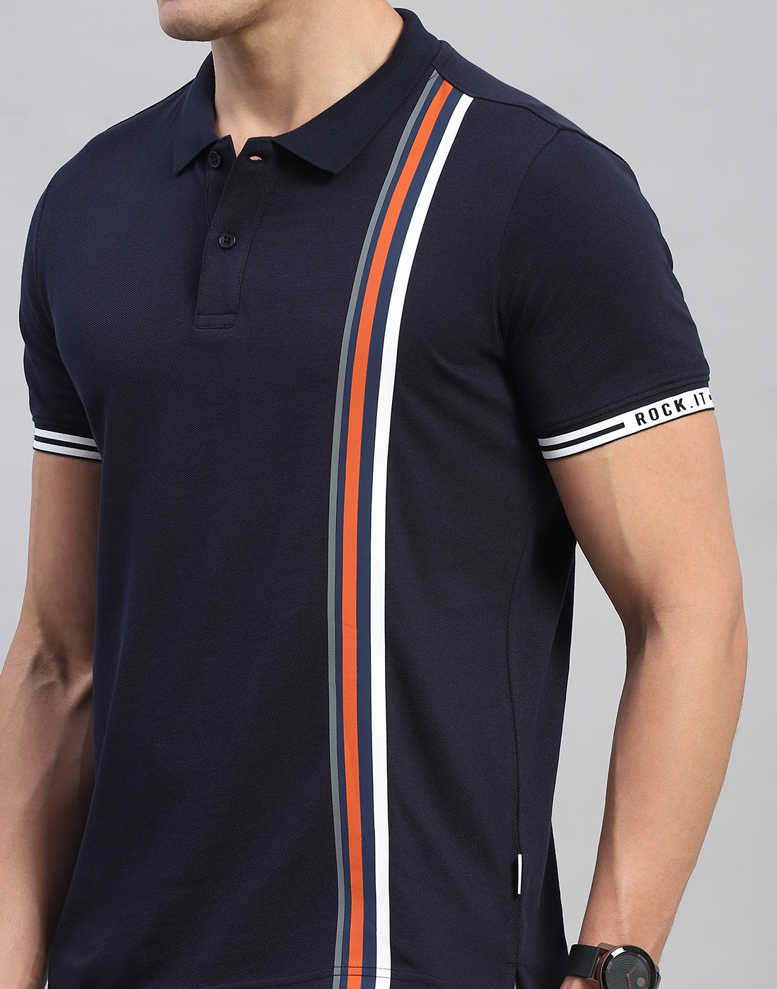 Rock.it Men Navy Blue Stripe Collar Half Sleeve T-Shirt