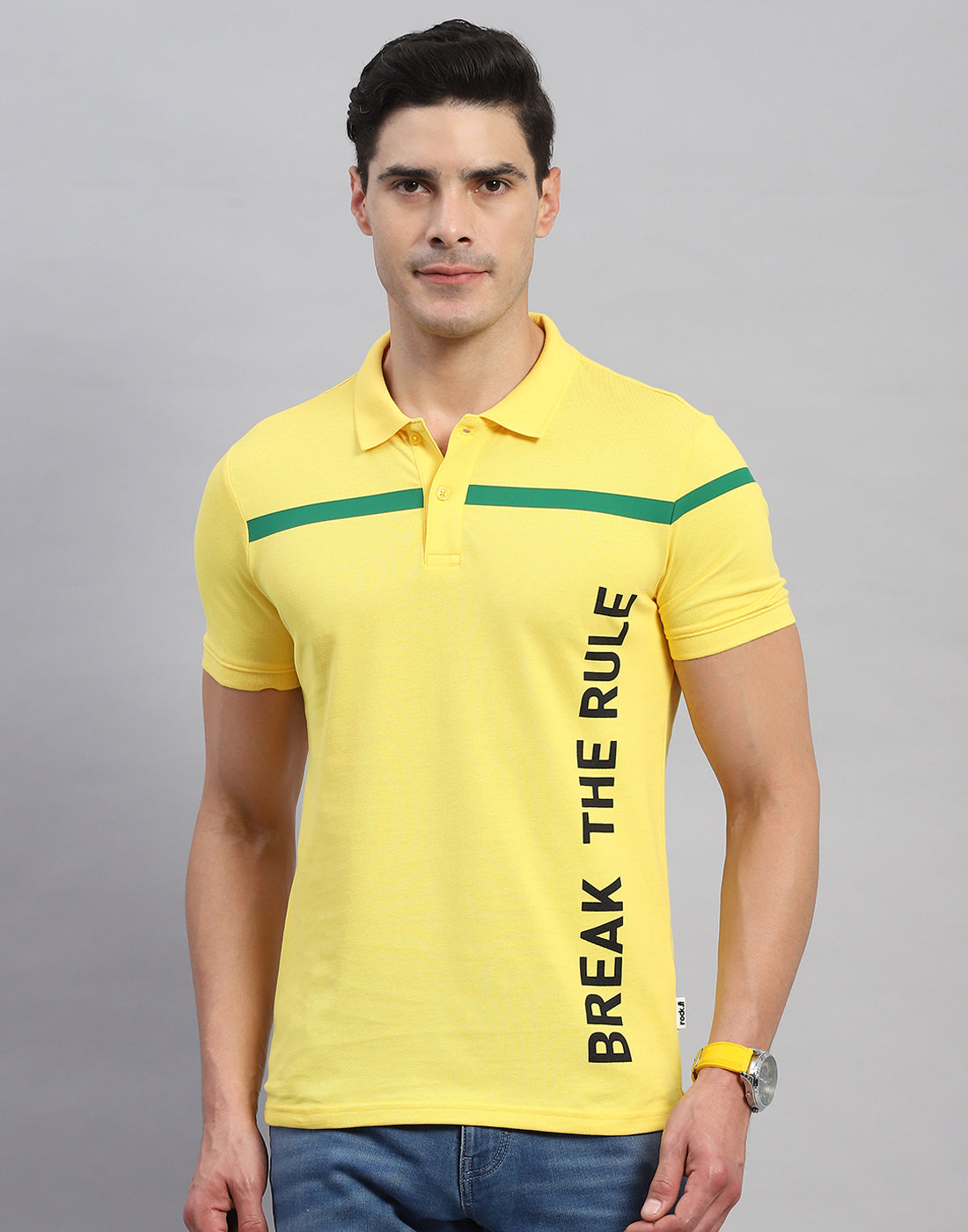 Rock.it Men Yellow Solid Collar Half Sleeve T-Shirt