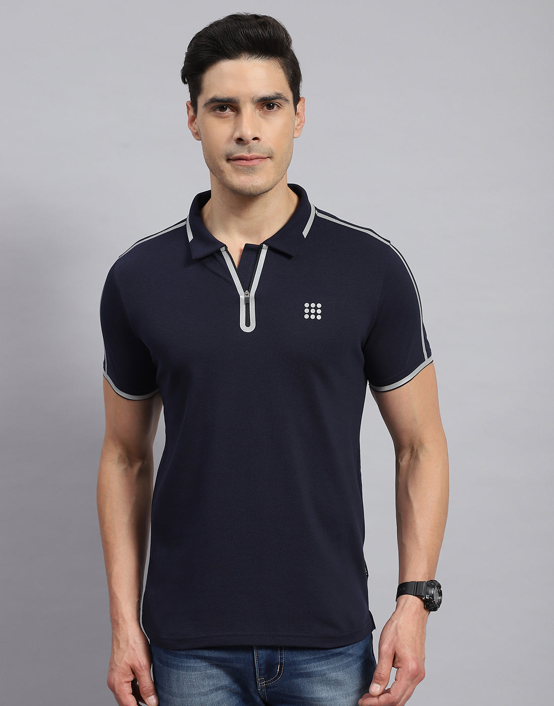 Men Navy Blue Solid Collar Half Sleeve T-Shirt