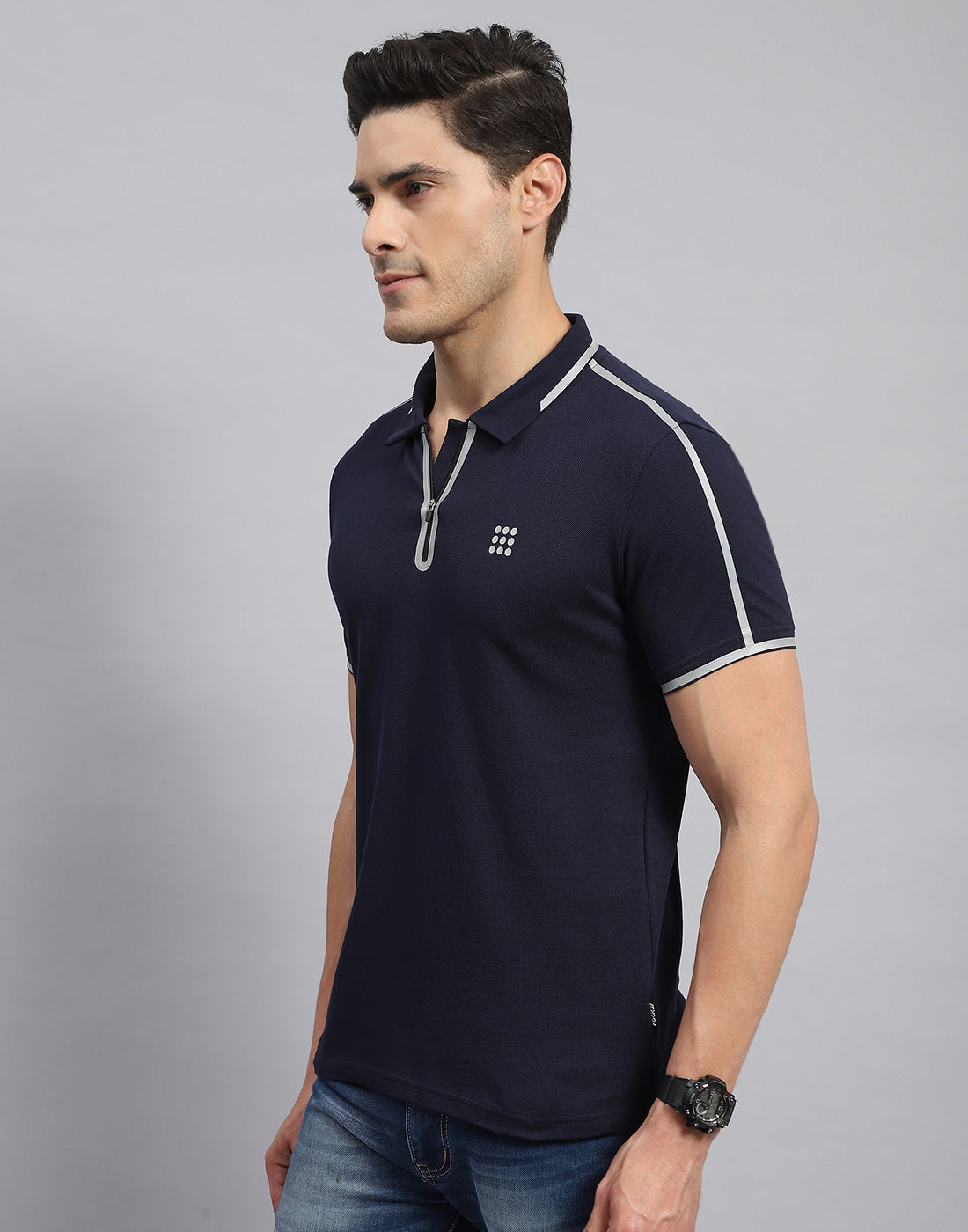 Men Navy Blue Solid Collar Half Sleeve T-Shirt