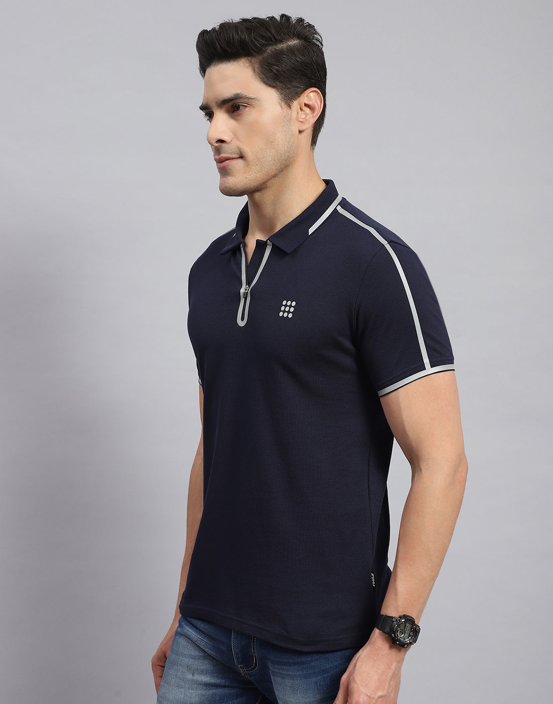 Rock.it Men Navy Blue Solid Collar Half Sleeve T-Shirt