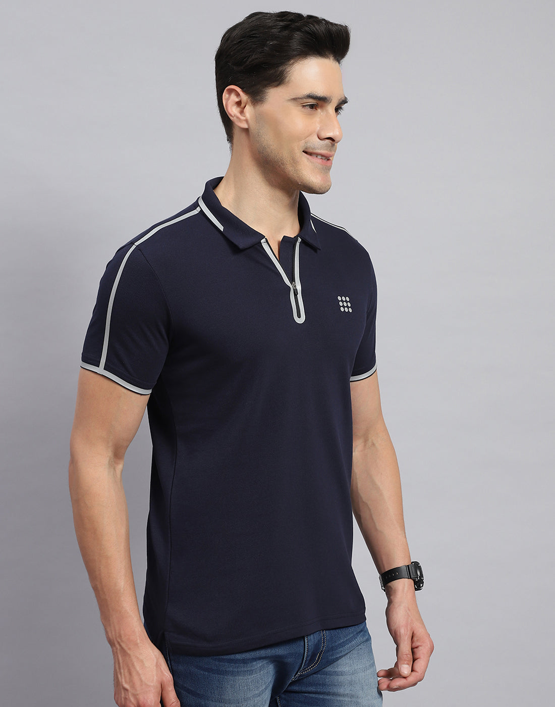 Rock.it Men Navy Blue Solid Collar Half Sleeve T-Shirt