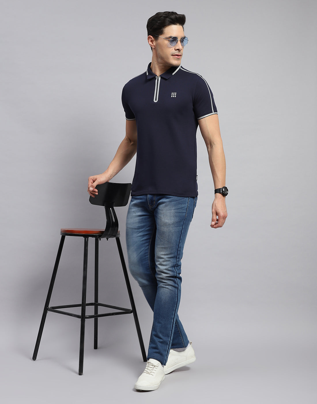 Rock.it Men Navy Blue Solid Collar Half Sleeve T-Shirt
