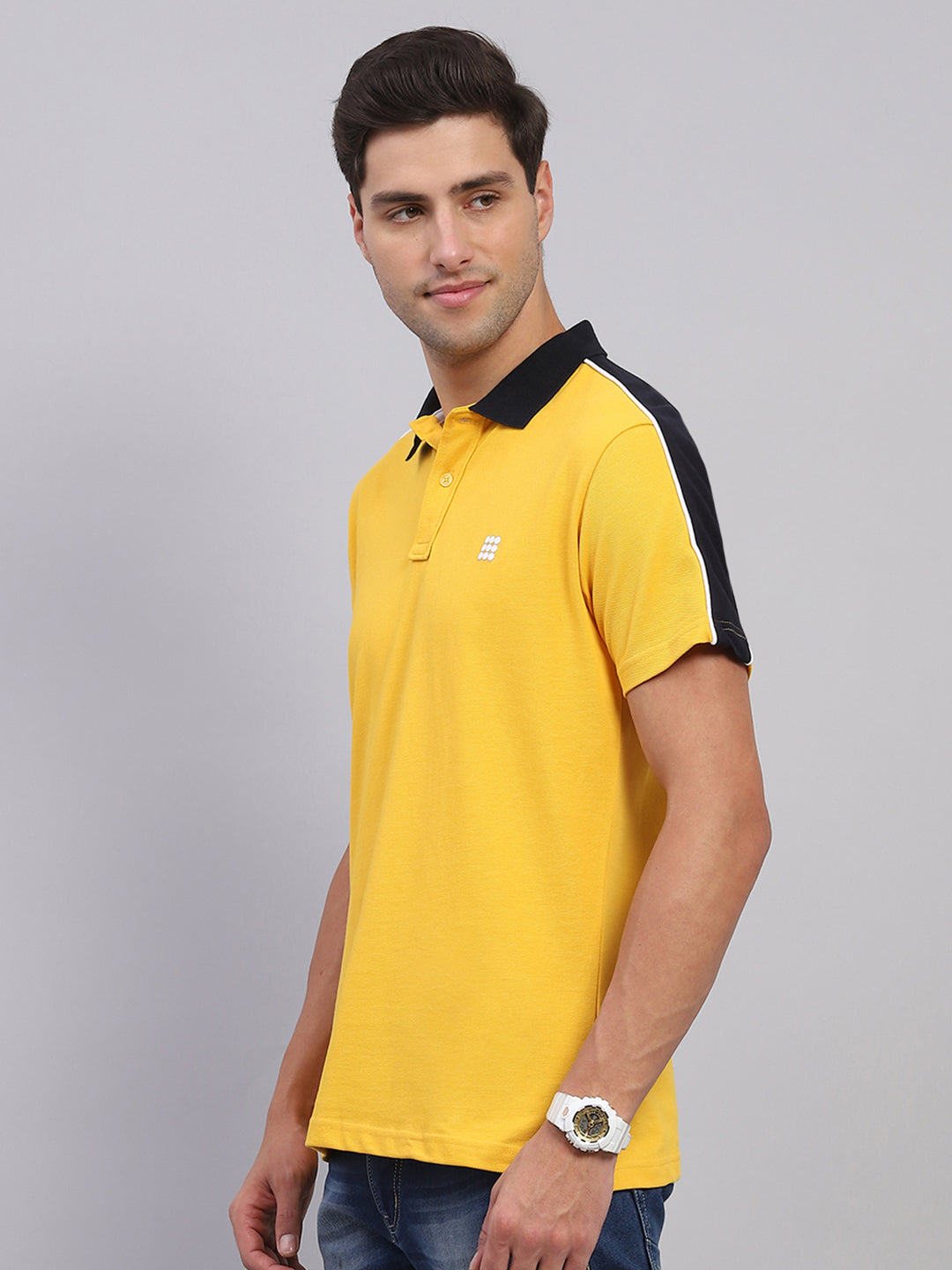 Rock.it Men Mustard Solid Collar Half Sleeve T-Shirt