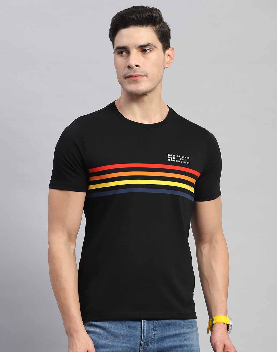 Rock.it Men Black Stripe Round Neck Half Sleeve T-Shirt