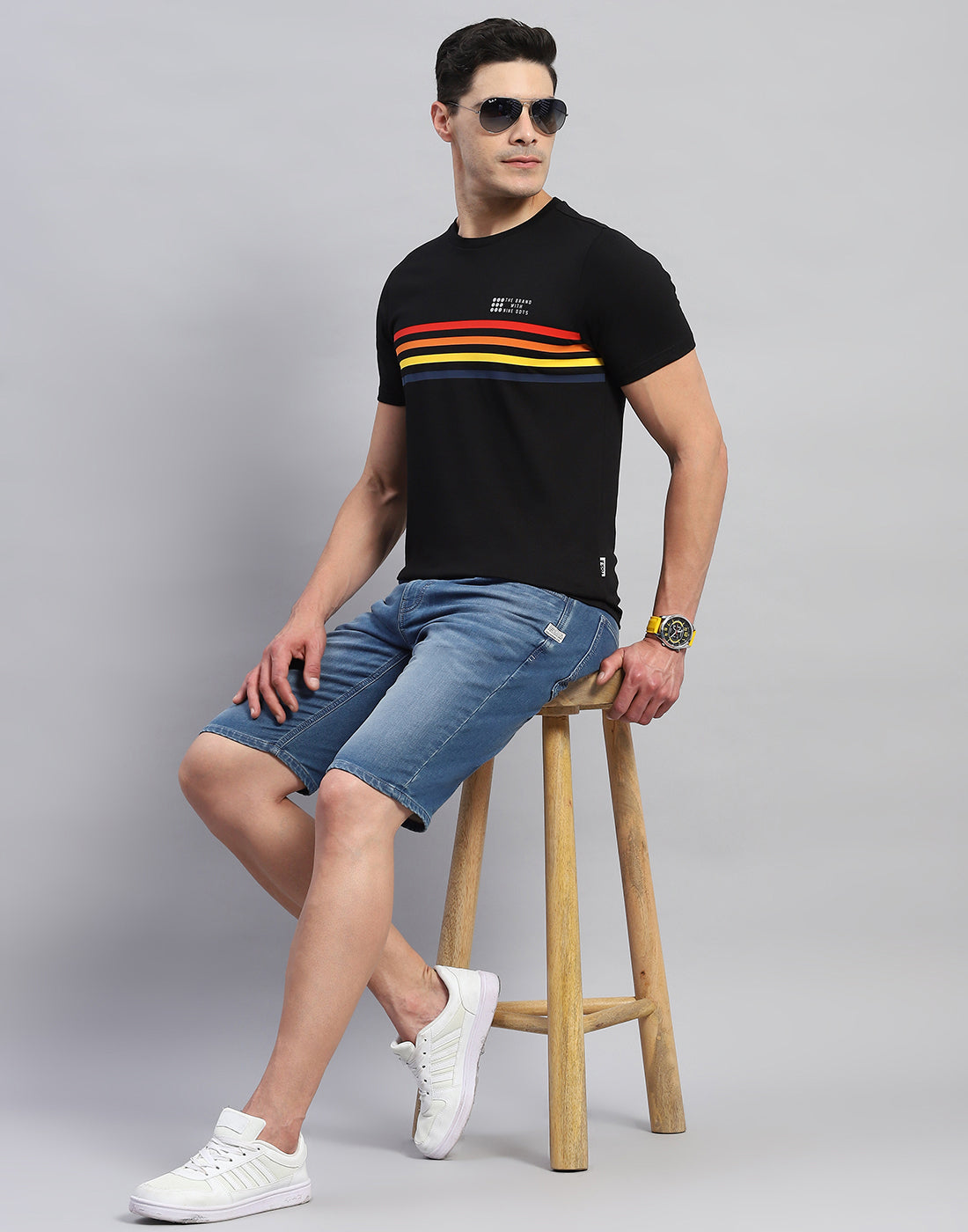 Rock.it Men Black Stripe Round Neck Half Sleeve T-Shirt