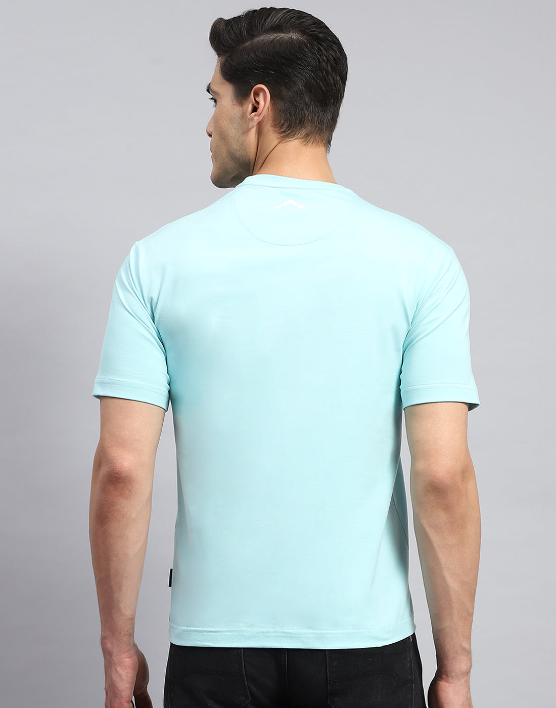 Men Turquoise Blue Printed Round Neck Half Sleeve T-Shirt