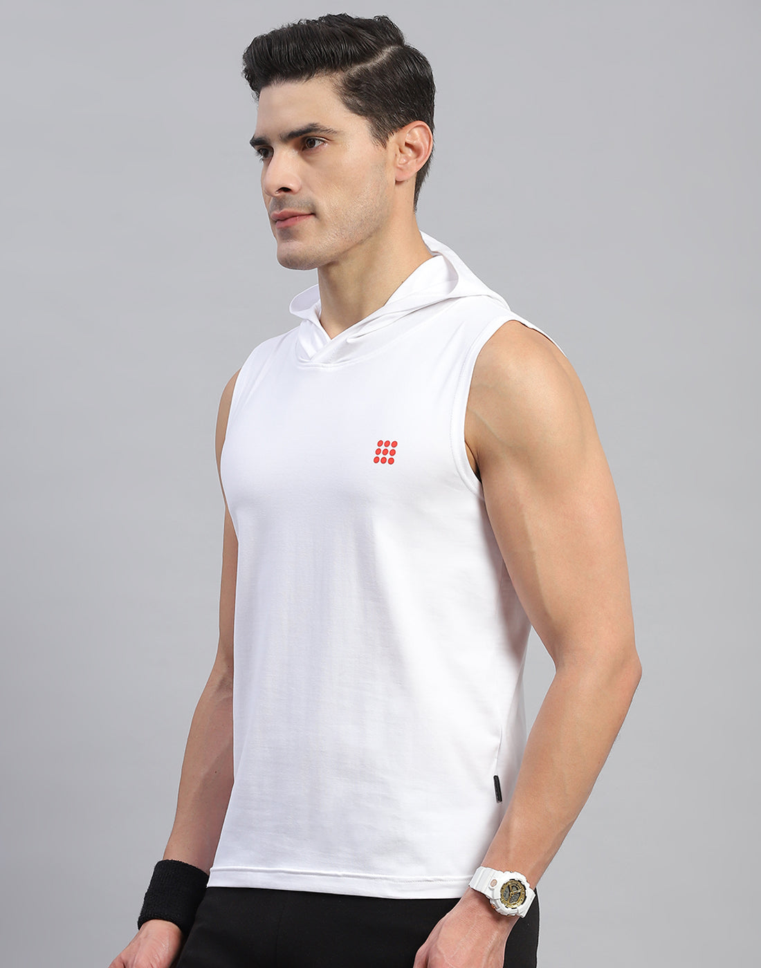 Rock.it Men White Solid Hooded Sleeveless T-Shirt