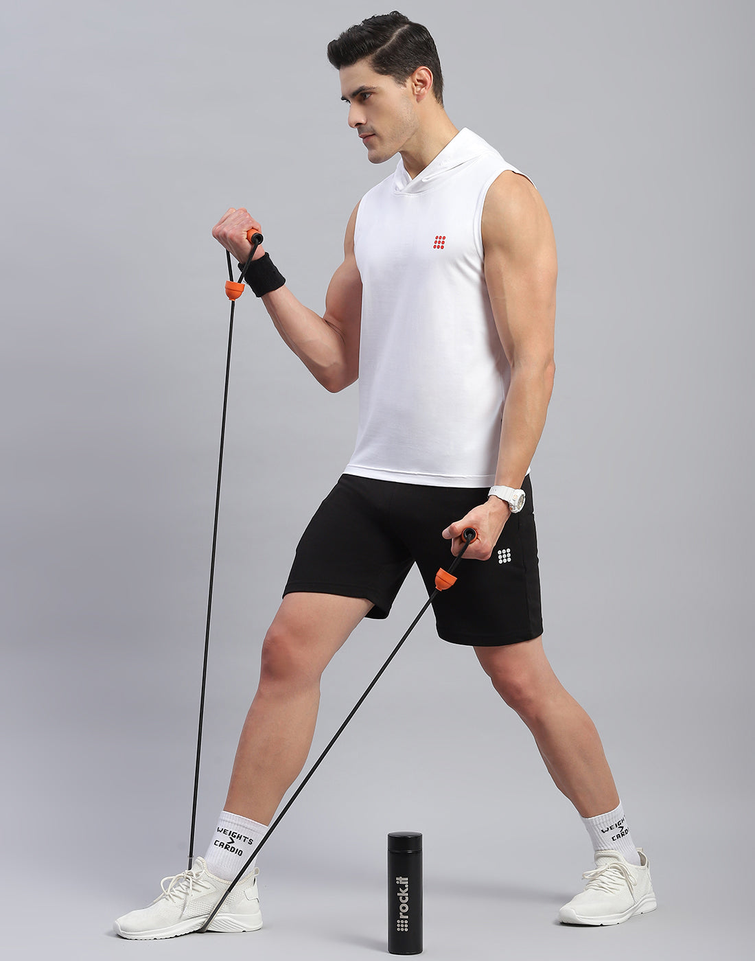 Rock.it Men White Solid Hooded Sleeveless T-Shirt