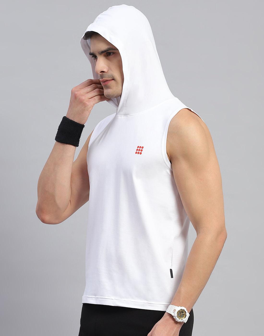 Men White Solid Hooded Sleeveless T-Shirt