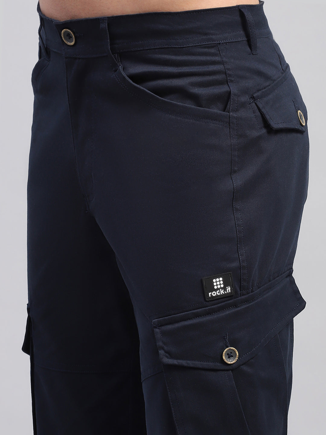 Rock.it Men Navy Blue Solid Regular Fit Cargo