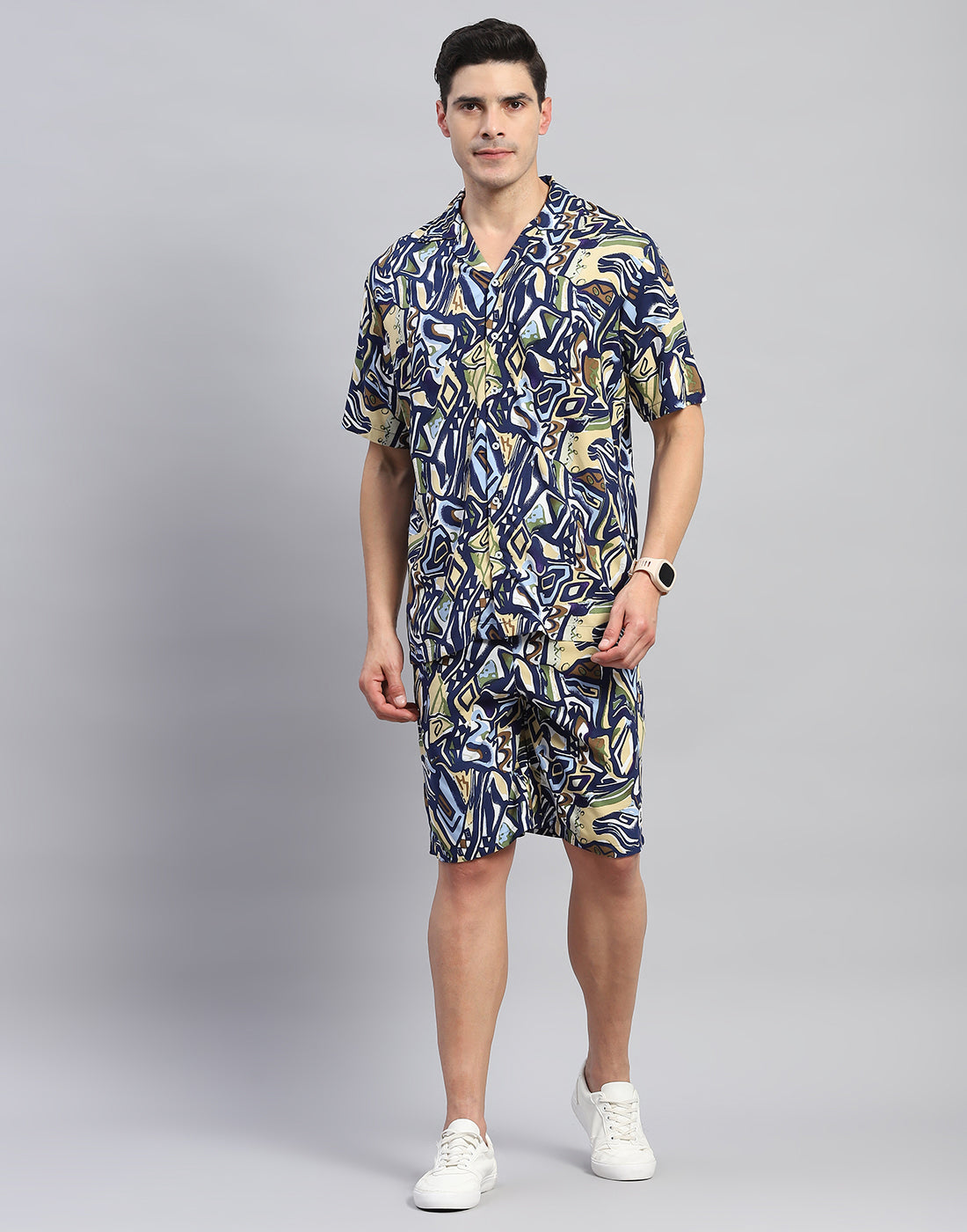 Rock.it Men Navy Blue Printed Round Neck Half Sleeve Cords Set