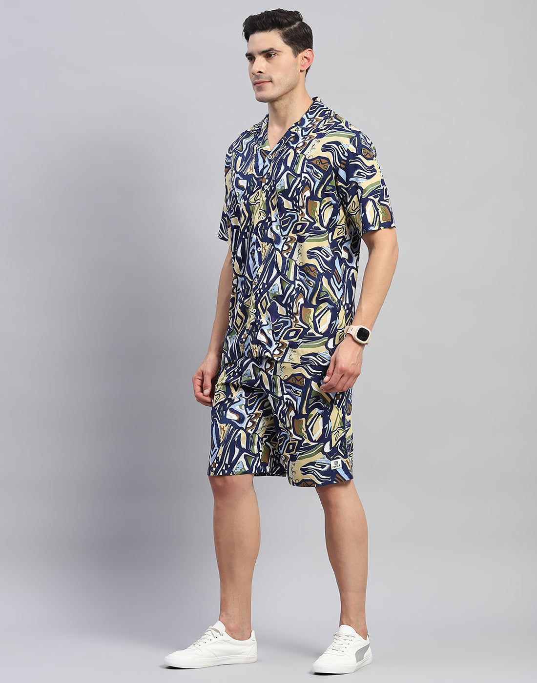 Rock.it Men Navy Blue Printed Round Neck Half Sleeve Cords Set