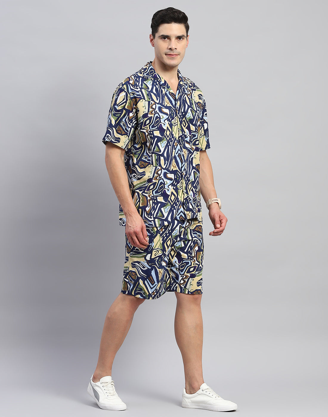 Rock.it Men Navy Blue Printed Round Neck Half Sleeve Cords Set