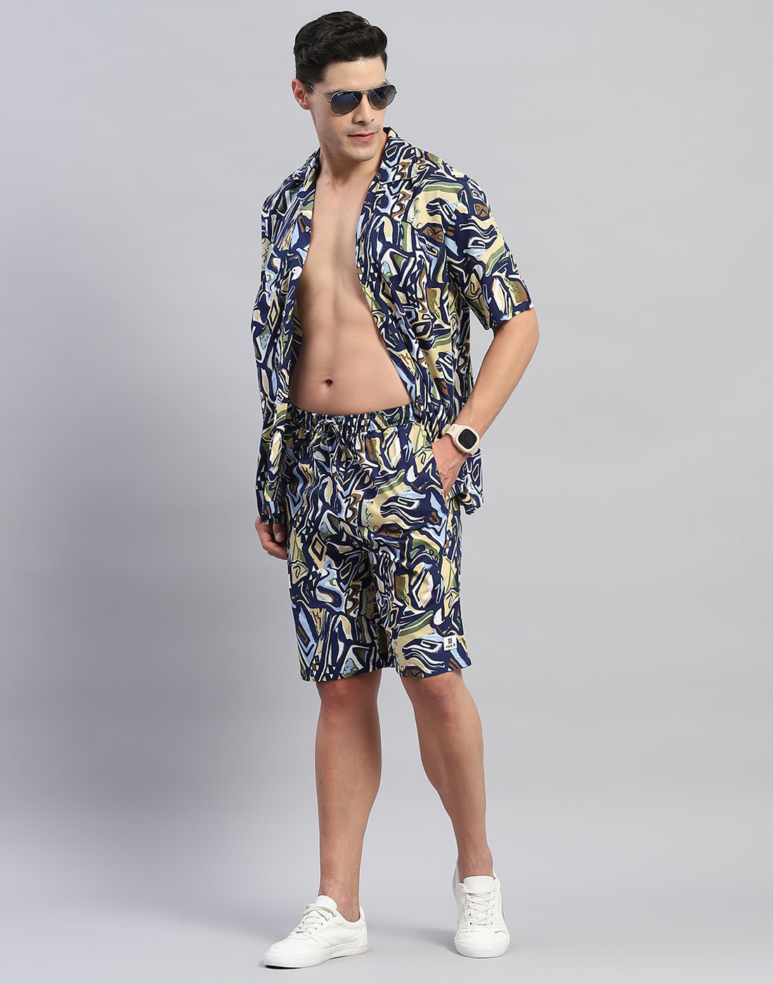 Rock.it Men Navy Blue Printed Round Neck Half Sleeve Cords Set