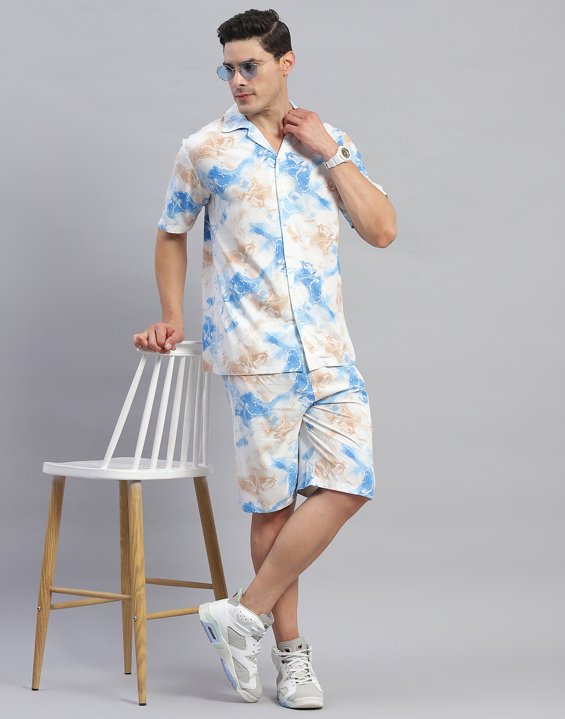 Rock.it Men Blue Printed Round Neck Half Sleeve Cords Set