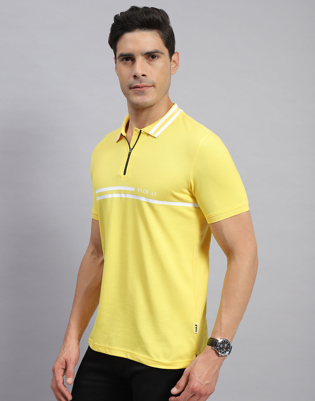 Rock.it Men Yellow Solid Collar Half Sleeve T-Shirt