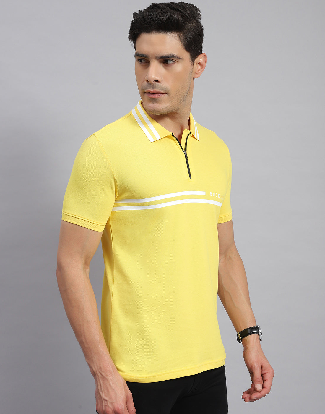 Rock.it Men Yellow Solid Collar Half Sleeve T-Shirt
