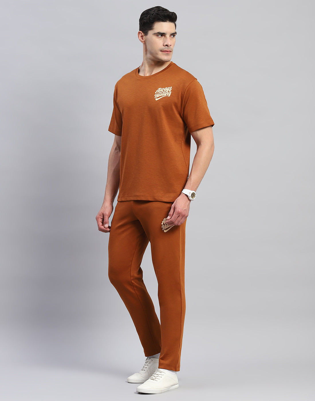 Rock.it Men Rust Solid Round Neck Half Sleeve Lower Set